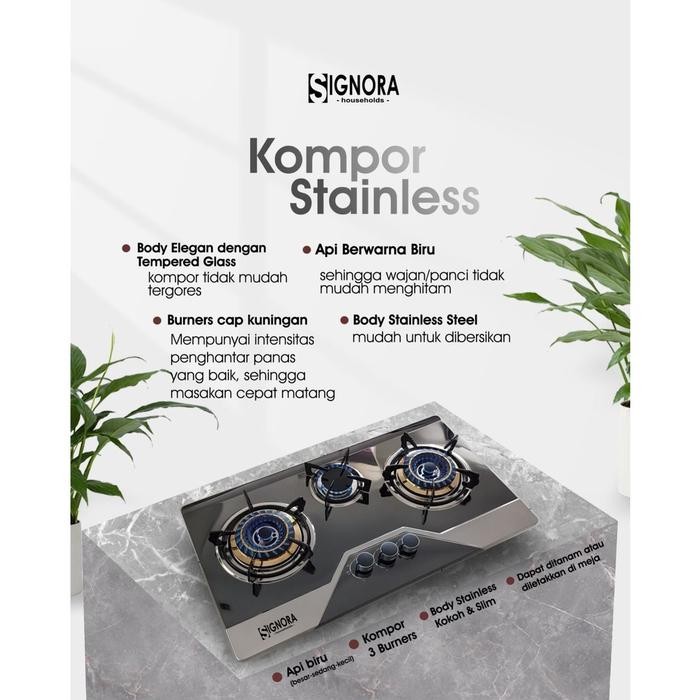Signora Kompor Gas Tanam 3 Tungku Burner New Grande Stainless Signora