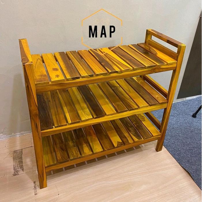 Rak Sepatu Medium Kayu Jati Solit Finising Plitur Glos Mengkilap Rak Sepatu 3 Tingkat Kayu Jati