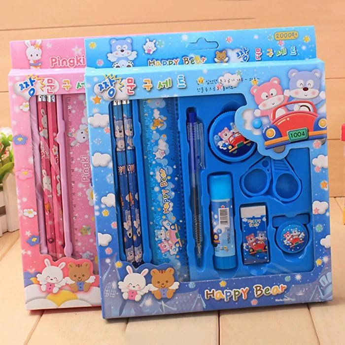 

READY Pensil Set Anak Paket Alat Tulis Sekolah 9 in 1 Cocok Untuk Kado Biru Pink Stationery Bolpen