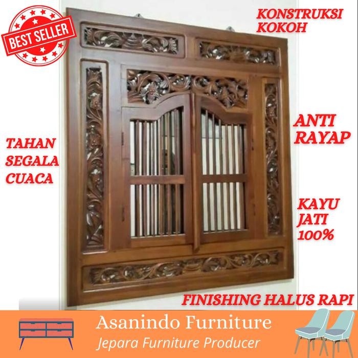 Hiasan Dinding Ruang Tamu Kayu Jati Bentuk Ukiran Jendela Krepyak