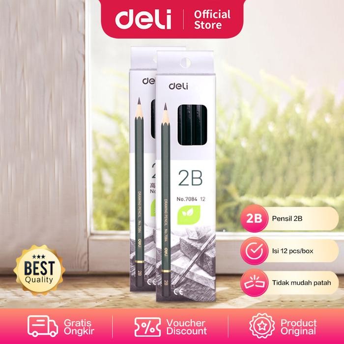 

Deli Graphite Pencil 2B\Pensil Kayu 2B Hitam Pekat 12pcs/box 7084