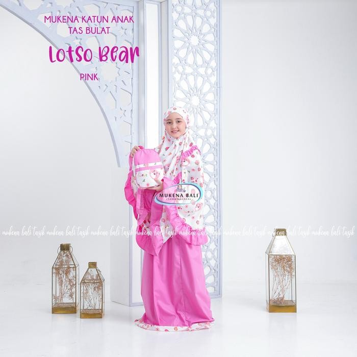 ORIGINAL MUKENA BALI TASIK - MUKENA ANAK KATUN TAS BULAT MOTIF LOTSO BEAR READY STOCK