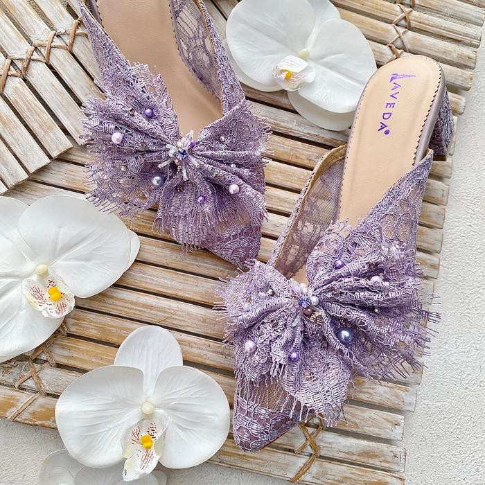 Matching Set Purple Selop Sandal Sepatu Pesta Wanita Block Heels & Tas Clutch AVEDA 6436