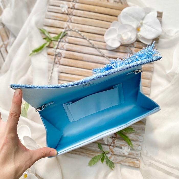 Set Baby Blue Selop Sepatu Pesta Wanita Block Heel 5cm & Tas Set AVEDA