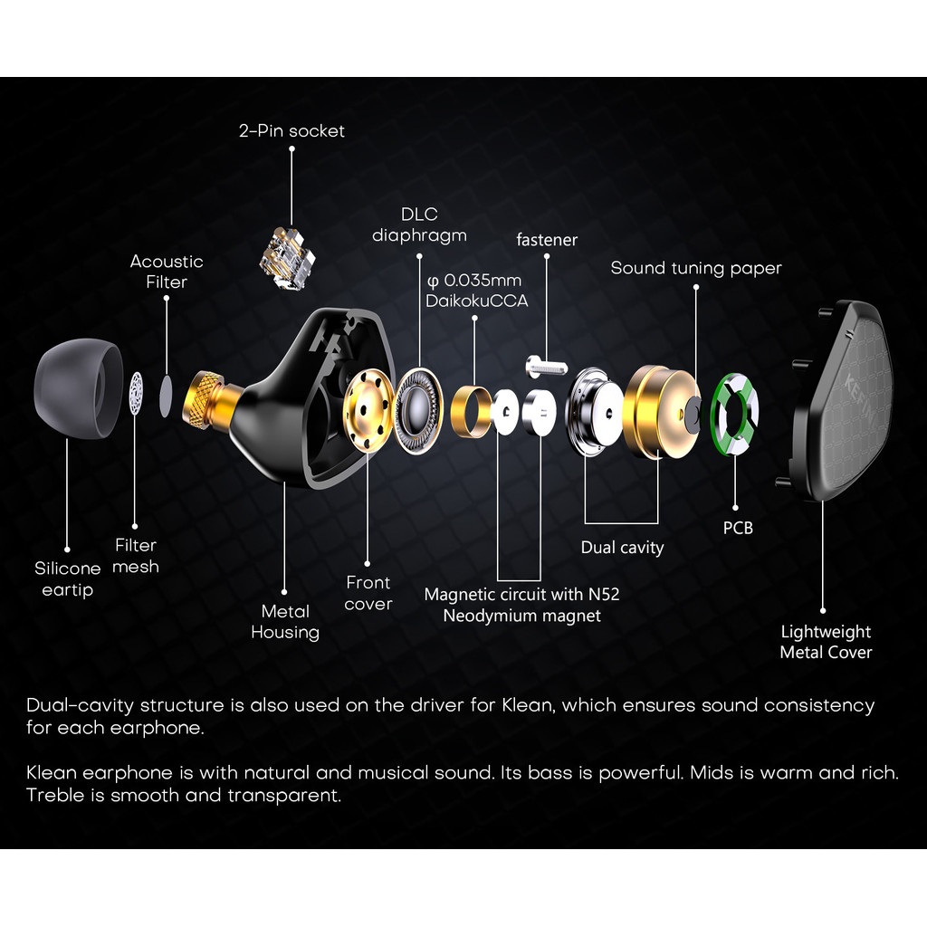 KEFINE Klean 10mm DLC Diaphragm Dynamic Driver Hifi Wired IEM Earphones with Metal Housing &