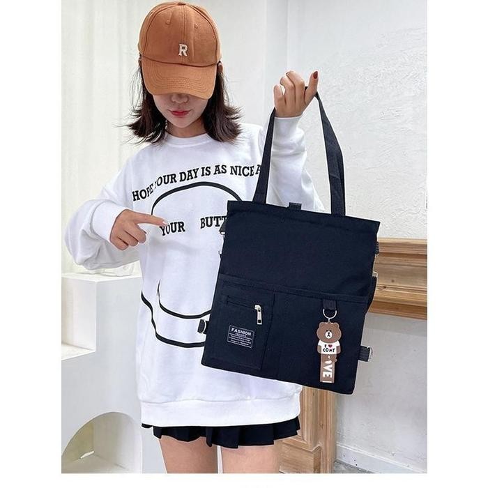 Totebag Kanvas Nikoni Bear Niche Tali Bahu Serbaguna Tas Sekolah kuliah Kantong Tas Wanita Kekinian