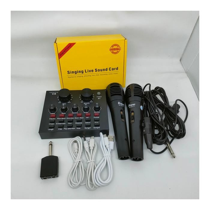 Paket Soundcard V8 Bluetooth dan 2 Buah Mic kabel Karaoke