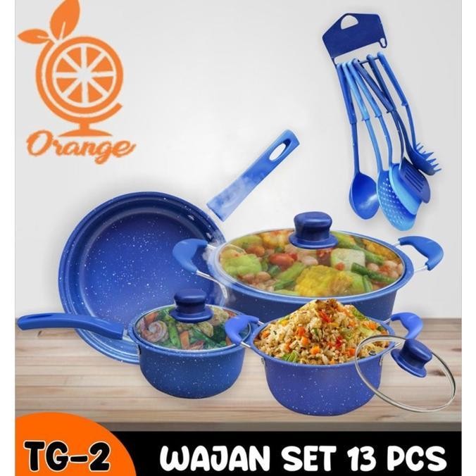 Sav Peralatan Da Panci Set Teflon Marble 13 Pcs Cookware Set Tutup Kaca Merk Orange - Biru Alat