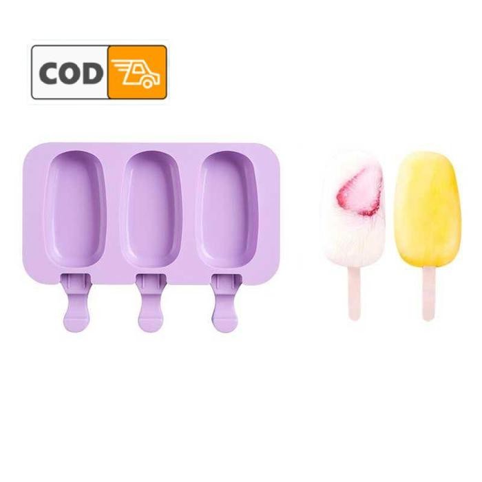 Cetakan Es Krim Silikon 3 Lubang dengan 50 Stik Ice Cream Desain Unik Pencetak Puding Es Coklat