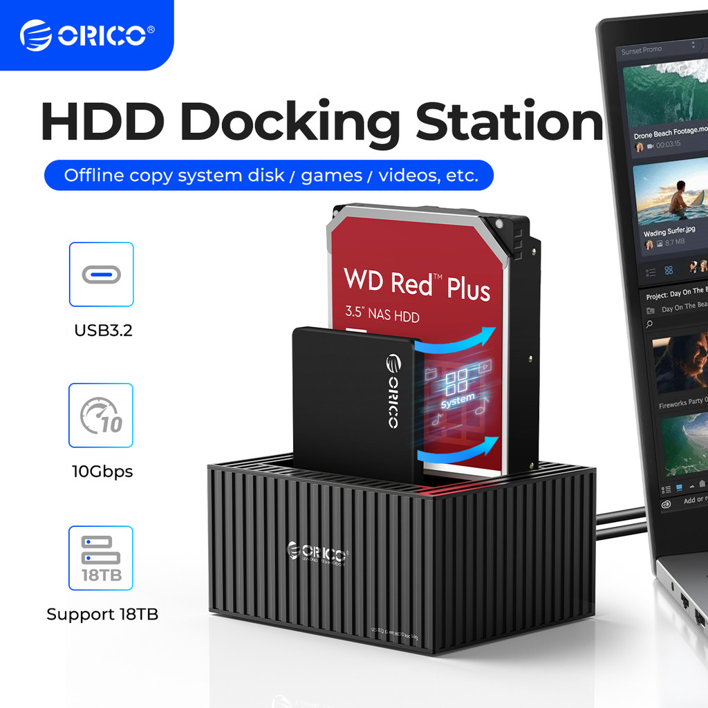 ORICO-Dual-Bay Docking Station, Type-C, 5Gbps, 2.5 ", 3.5" HDD, SSD, 12V, 3A Power, UASP Container D