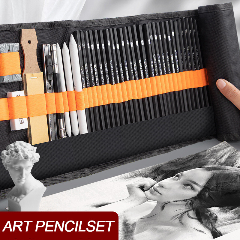 

27/38/47 Pcs/Set Sketch Pencils with Canvas Roll Up Pencil Bag Art Drawing Charcoals Kneaded Eraser