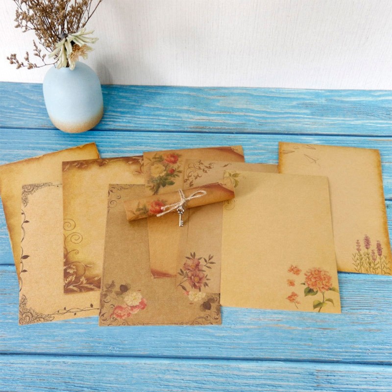 

8 Pieces Kraft Writing Paper 8 Patterns Vintage Floral Writing Stationery Papers Brown A5 Mail Paper