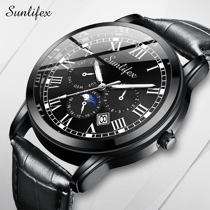 Sunlifex Jam Tangan Pria 7003 Kalender Kuarsa Santai Bisnis Tali Kulit