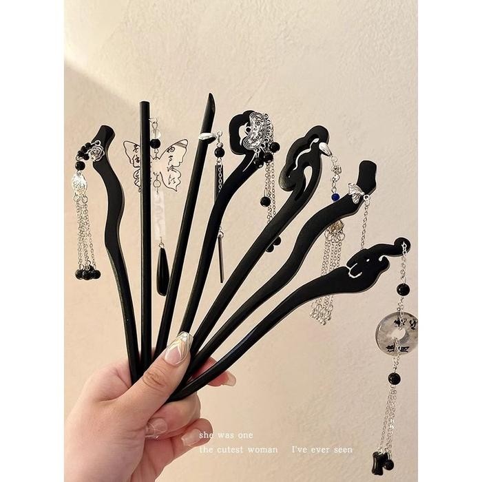 SIGVARDSTORE Tusuk Konde Kayu Hitam Hanfu China Jepit Rambut Rumbai Hiasan Kepala Wanita MHT11