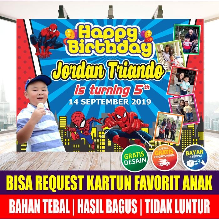 Cetak Banner Spanduk Ulang Tahun Ultah Anak TEMA Spidermen COWOK / Backdrop / Wallpaper Dekorasi