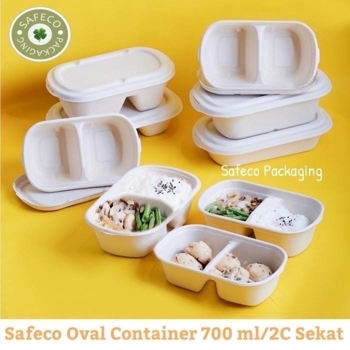 Bagasse Food Box 700 ML Oval Pakai Sekat Biodegradable Takeaway Box