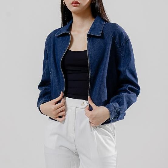 This Is April Jaket Zipper Jeans Wanita Crop Lengan Panjang Hijab Friendly West Outer Dark Denim