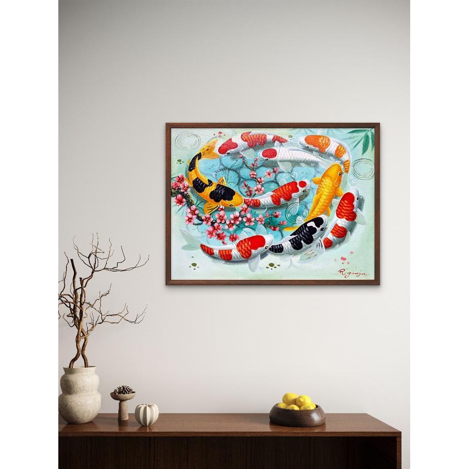 Lukisan Koi 9 Ekor 60x80 - Lukisan Kanvas Ikan Koi untuk Ruang Tamu & Fengshui
