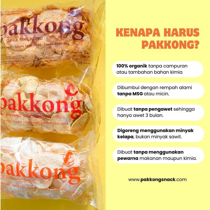 

Sedia (BUNDLING ISI 3) PAKKONG SNACK Paket Semua Varian - Isi Opak Singkong , Emping Manis Singkong,
