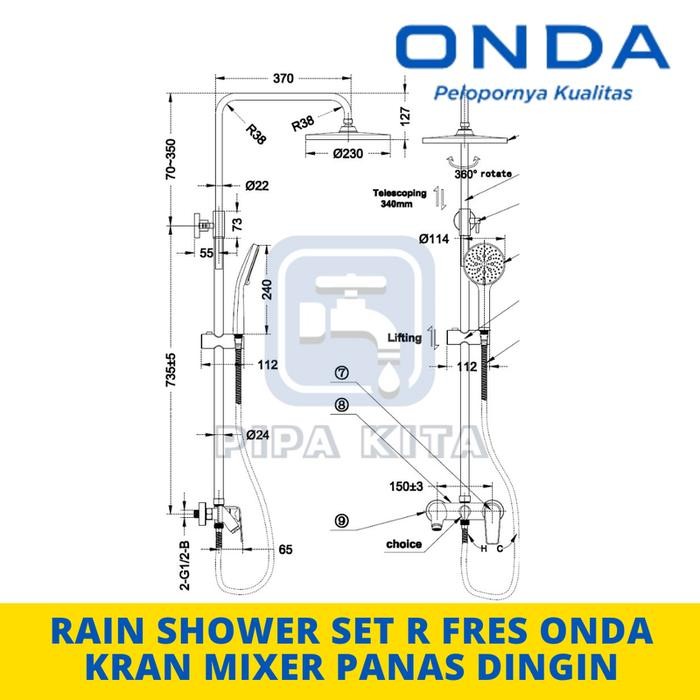 Rain Shower Set Onda R Fres Brass Kran Mixer Panas Dingin Tiang Shower