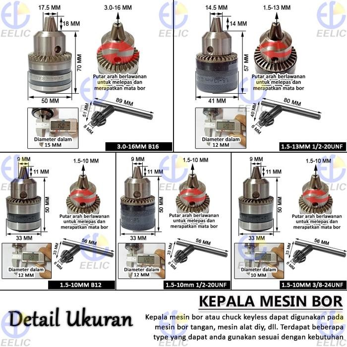 (Allthebest) EELIC KMB Kepala Mesin Bor Drill Chuck Atau Chuck Keyless Pengganti Kepala Mesin Bor