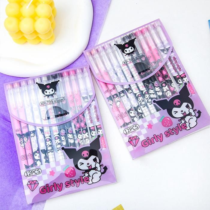 

UQ (12pcs) Pulpen Gel / Pena Set Sanrio Kuromi 0.5mm Eraseable Alat Tulis Anak Sekolah ULI010