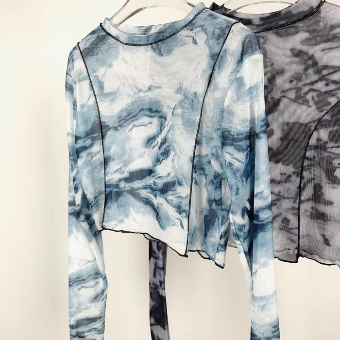 (Expert) Lady.luxee BJ982 Blus Baju Atasan Vintage Transparan Motif Abstak Crop Top Lengan Panjang