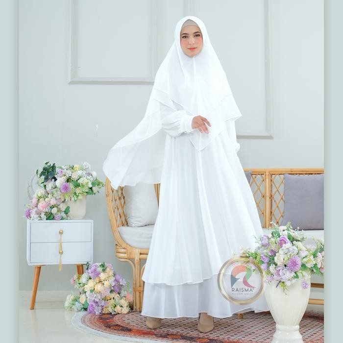 Raisma - Mafaza Gamis Syar'i Putih Set Khimar Yulita Bahan Ceruti Babydoll Baju Umroh Haji Muslim