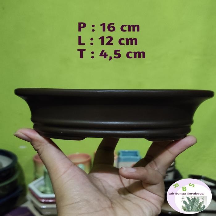 pot bonsai keramik / pot bonsai oval hitam / pot bonsai coklat