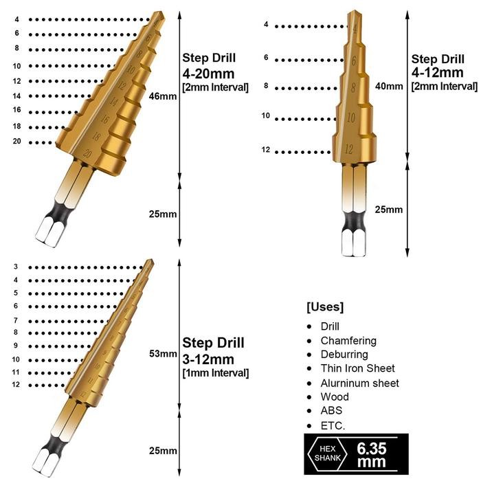 JLD Mata Bor Pagoda Mata Bor Pagoda Spiral Multi Multi Ukuran Mata Bor Pagoda Step Drill Set 3pcs