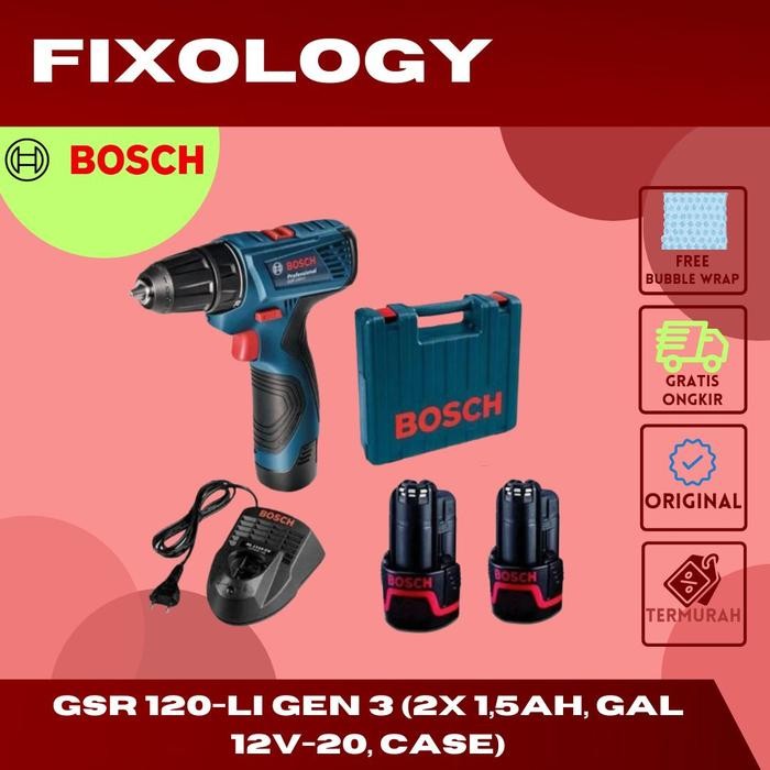 Mesin Bor Baterai Cordless Bosch GSR 120 Li Gen 3 Baterai 2 x 1,5Ah Charger GAL 12V-20 Cordless