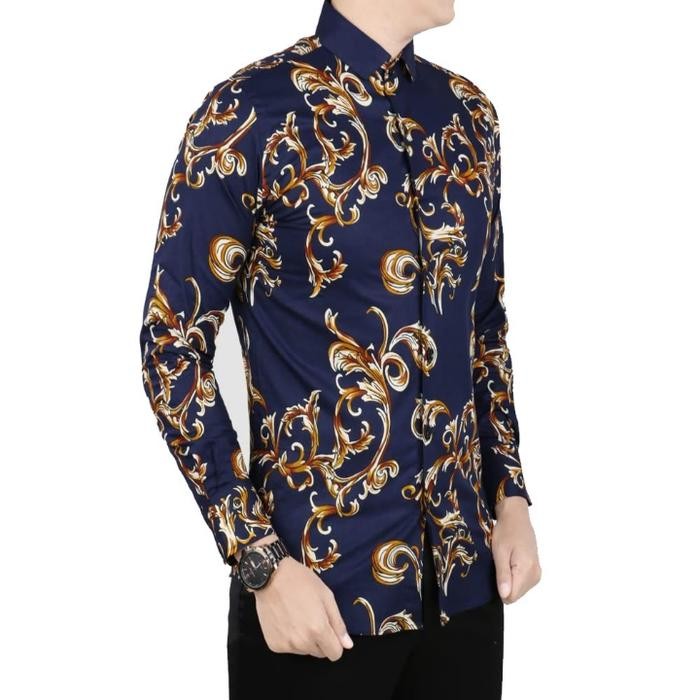 VM Kemeja Batik Slimfit Tangan Panjang Biru Donker