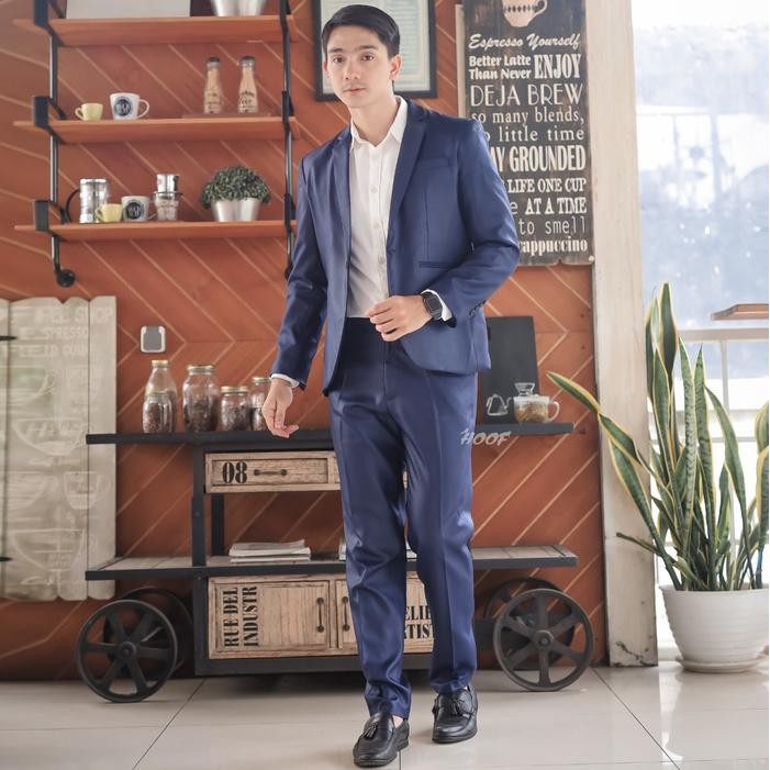 jas pria blazer pria keren biru navy 1 stel slimfit stelan jas