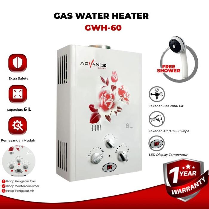 Advance GWH60 Water Heater Gas / Pemanas Air Panas Kamar Mandi - BONUS Kepala Shower & Selang Shower