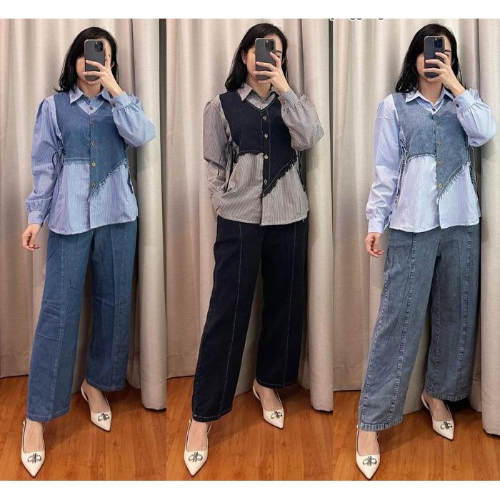 Sh - Alifhia Oneset Jeans Kombinasi Motif Salur Busui Friendly Wanita Kekinian Dewasa - Muslim Gamis