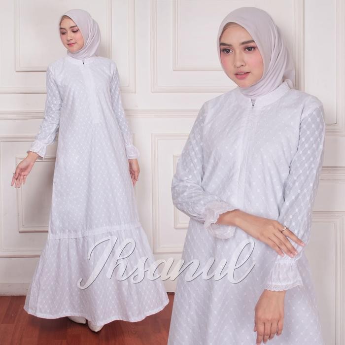 Ready- Gamis Putih Bahan Katun Jepang Model List Rempel Kombinasi Renda Poliester Polos Bunga Polka