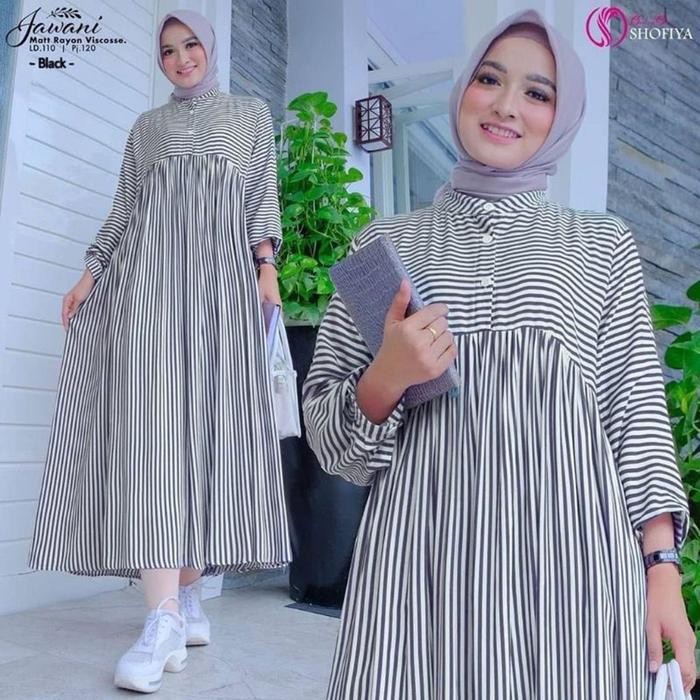 Midi dress garis salur Katun Gamis Muslim Wanita