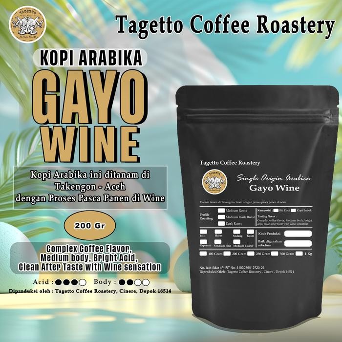 

Biji Kopi Arabika Gayo Wine 200Gr Specialty Arabica Bean Ground Bubuk 200 Gram Tagetto Coffee