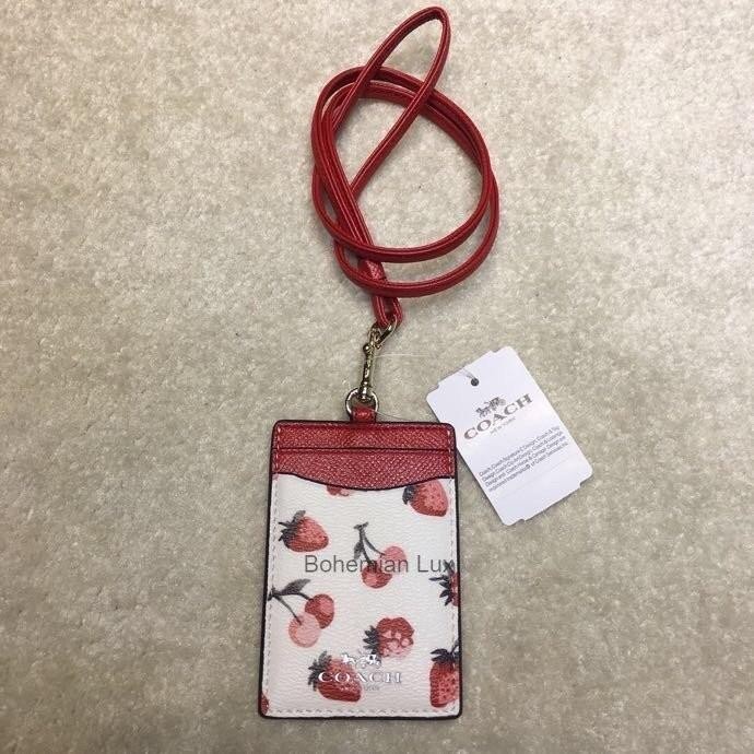 

COCH Lanyard ID Name Tag Card Holder In White with Strawberry Print