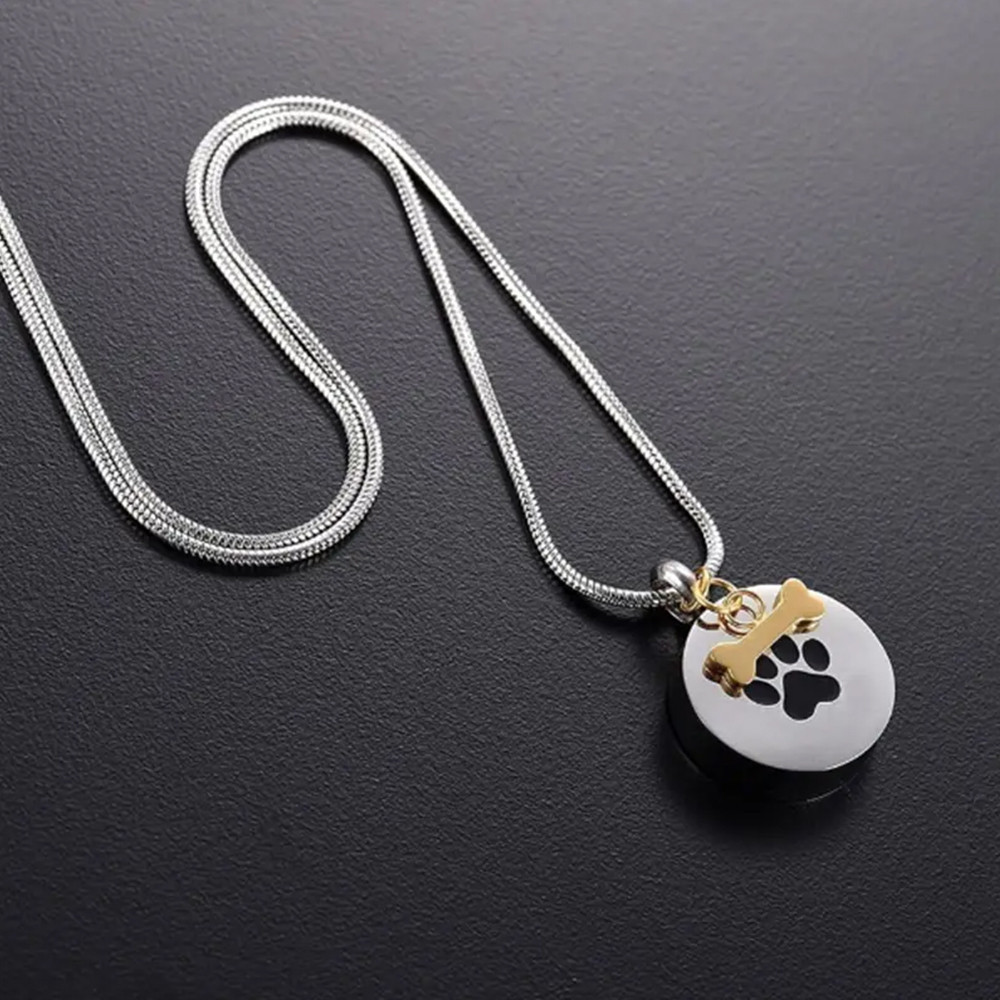Round Paw Print Urn Necklace for Ashes Cremation Jewelry Necklace for Pet Ashes Necklace with Dog Bo