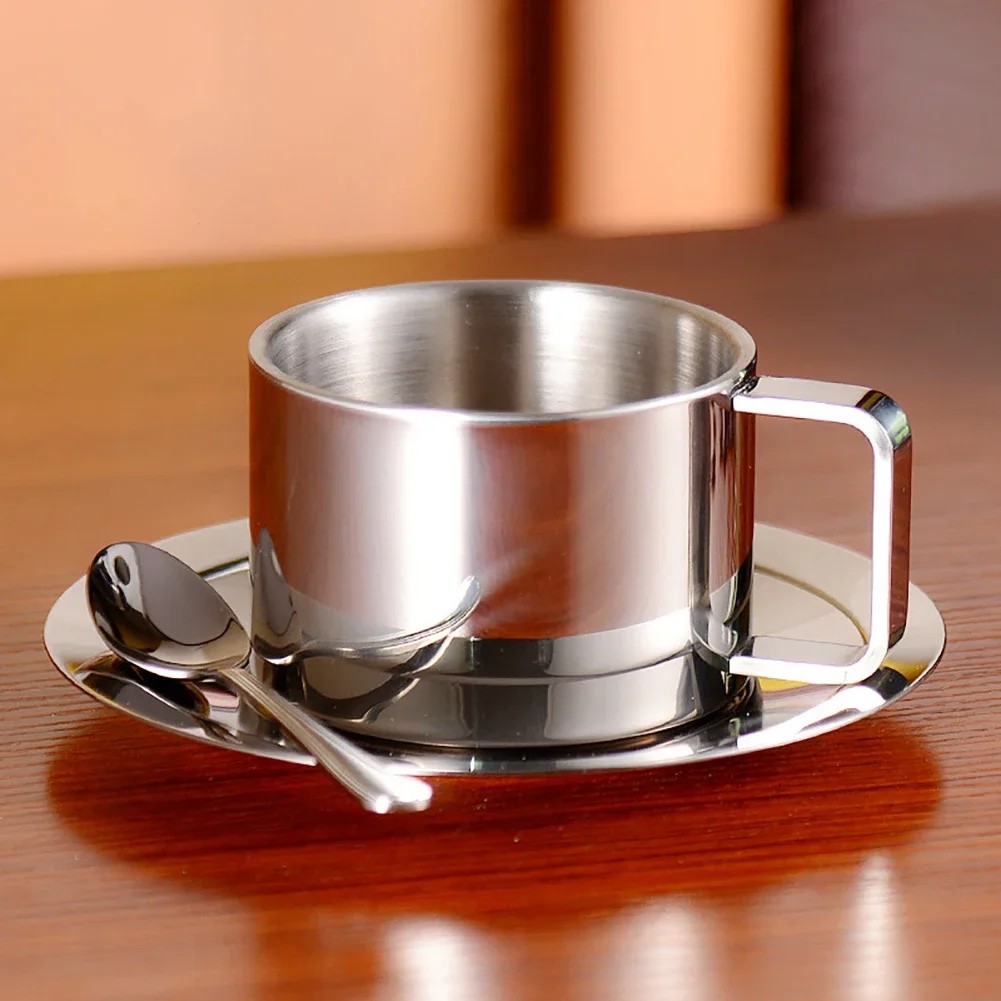 Stainless Steel Coffee Cup Set Double Walled Heat Resistant Mug with Saucer Spoon Drink Tableware Ki