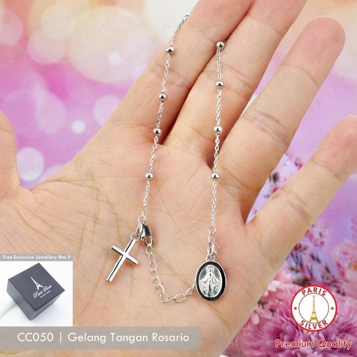 Gelang Rosario Perak Asli Silver 925 Lapis Emas Putih Katolik Yesus Bunda Maria Anti Karat Tidak