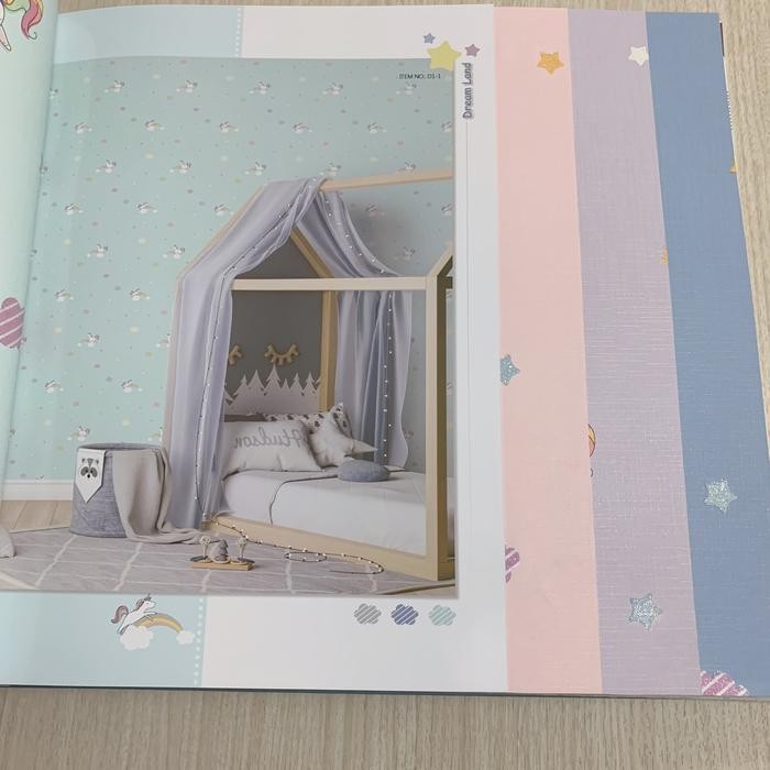 Wallpaper Vinyl Kids Kamar Anak Unicorn Pelangi Lilac Pink Biru Ungu