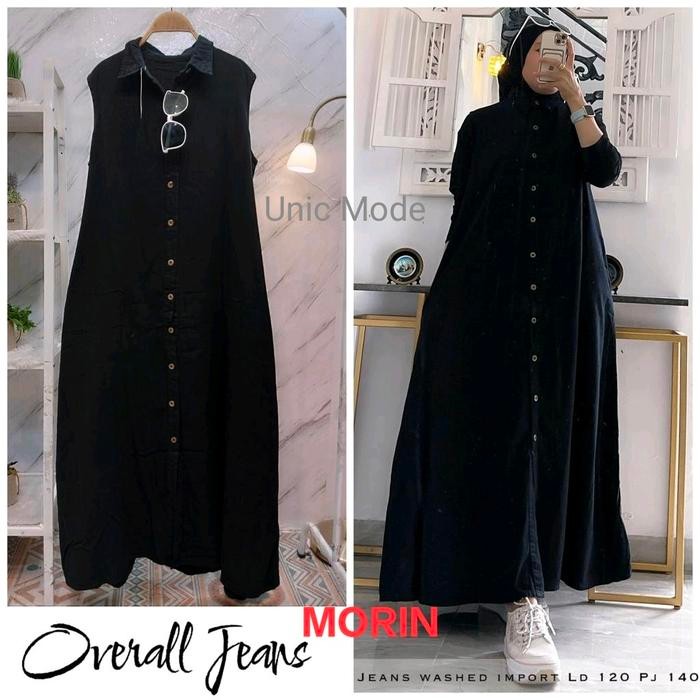 6H27 Overall Morin Soft Wash Jeans Polos Denim Gamis Dress Muslim Wanita Dewasa Hitam Navy