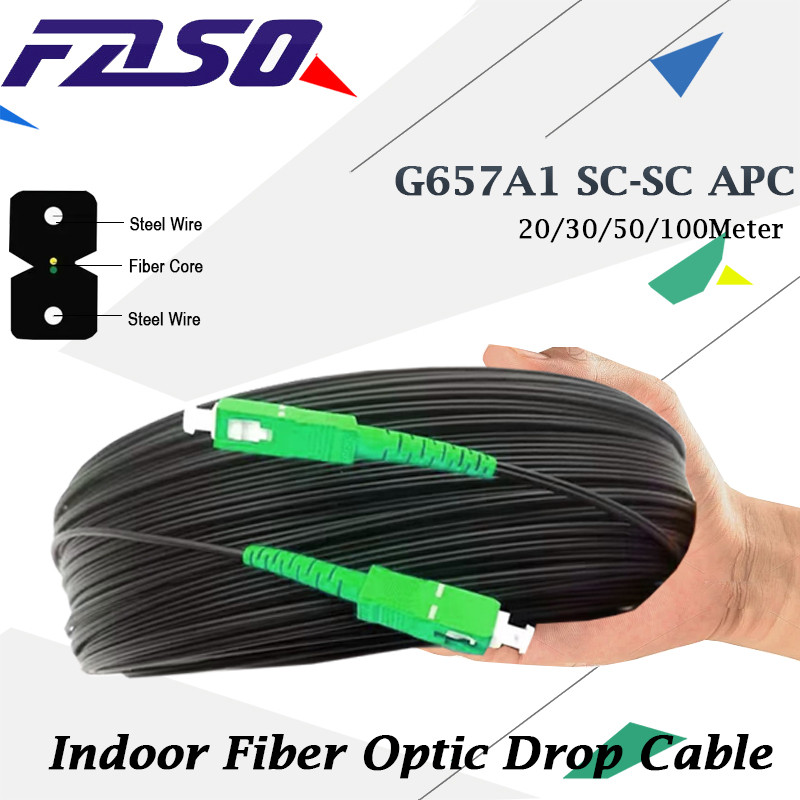 FTTH 20/30/50/100M SC/APC-SC/APC SM G657A1 1Core Indoor Drop Cable Fiber Optic Patch Cord With Steel