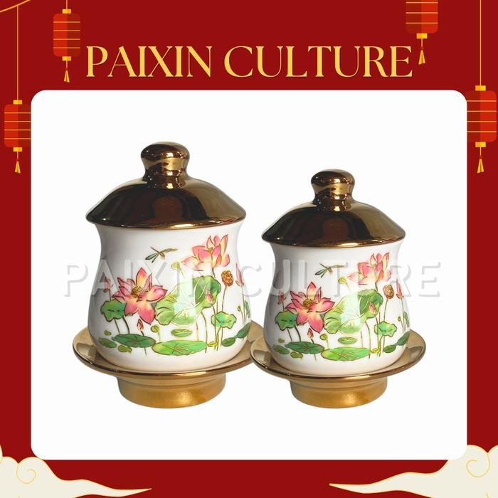 Cangkir Keramik Altar Sembahyang / Cangkir Keramik Putih Motif Teratai / Lianhua Pink ada tutup dan