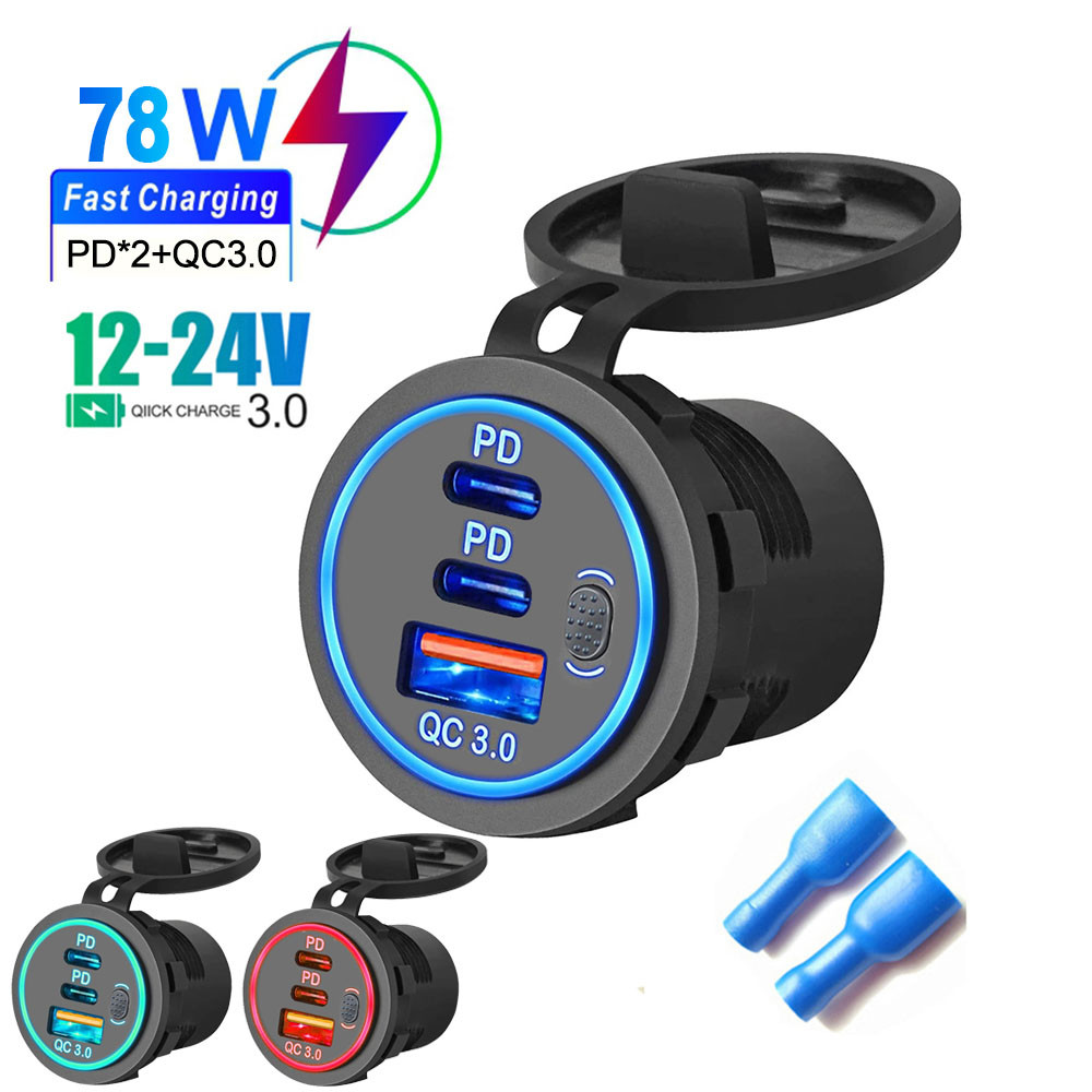 Dual PD QC3.0 Port USB Car Charger Adapter with Switch Waterproof Modified Car Charger ABS Phone