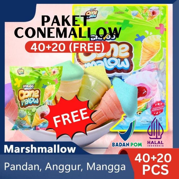 

CONE MALLOW 40PCS +20 PCS (FREE)MARSMALLOW ANEKA SNACK RASA SNACKS MAKANAN MANIS RENDAH GULA PAKET