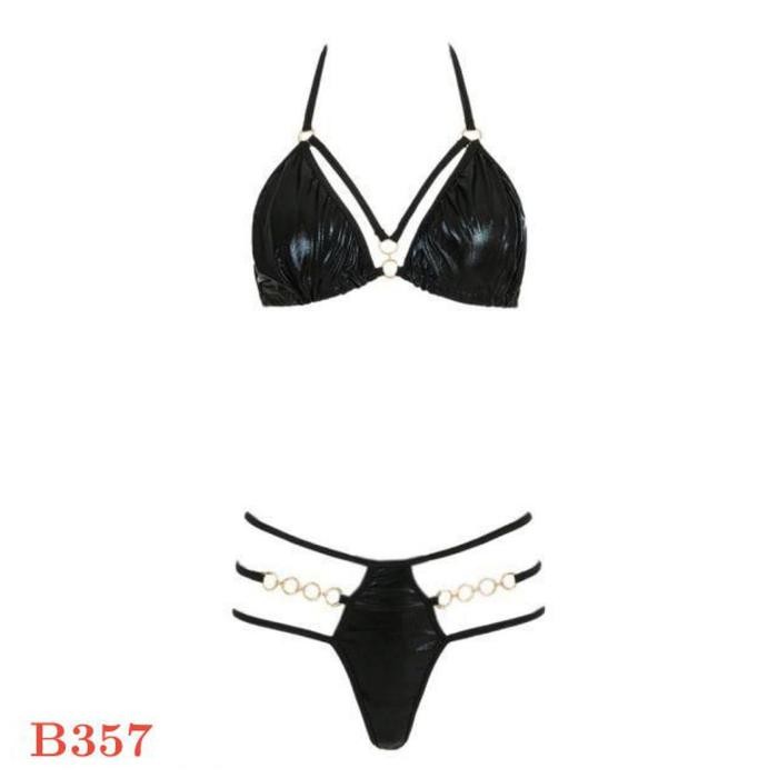 NEW Pakaian Dalam Wanita Sexy B357 Bra Set Bralette Halter Hitam Latex Ring Gold
