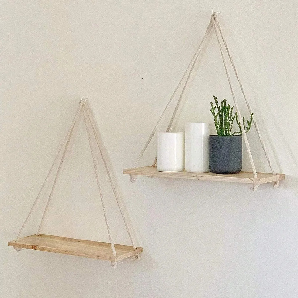 

1PC Wooden Swing Hanging Hemp Rope Wall Shelve Mounted Floating Home Living Room Plant Flower Pot